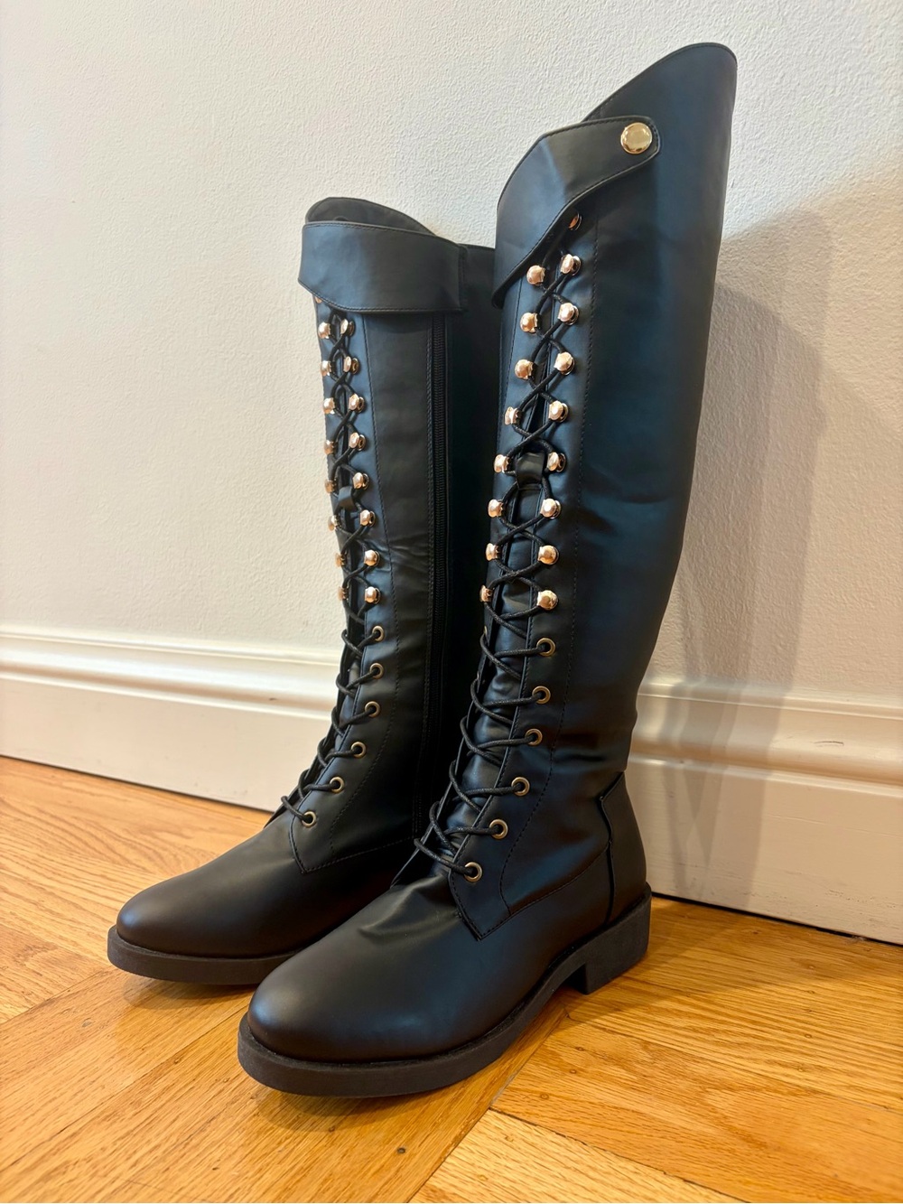 Women's Black Lace-Up Knee-High Riding-style faux leather boots, Size 8